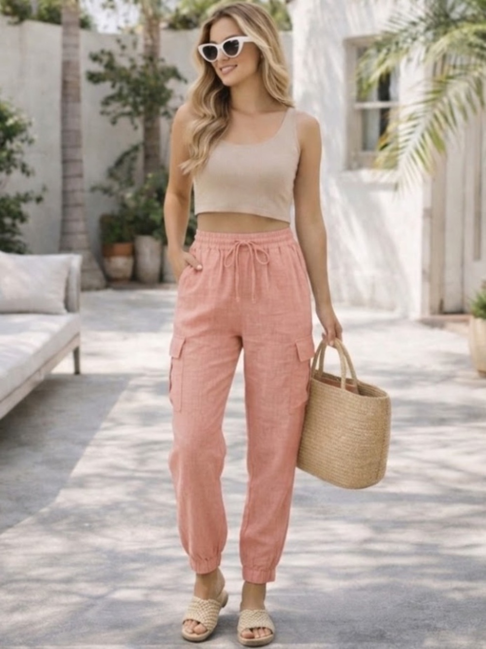 Nicole Miller Rose Cargo Drawstring Joggers 100% Linen Size Large